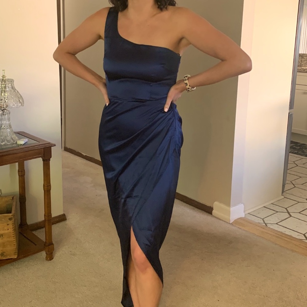 Blue One Shoulder Satin Dress